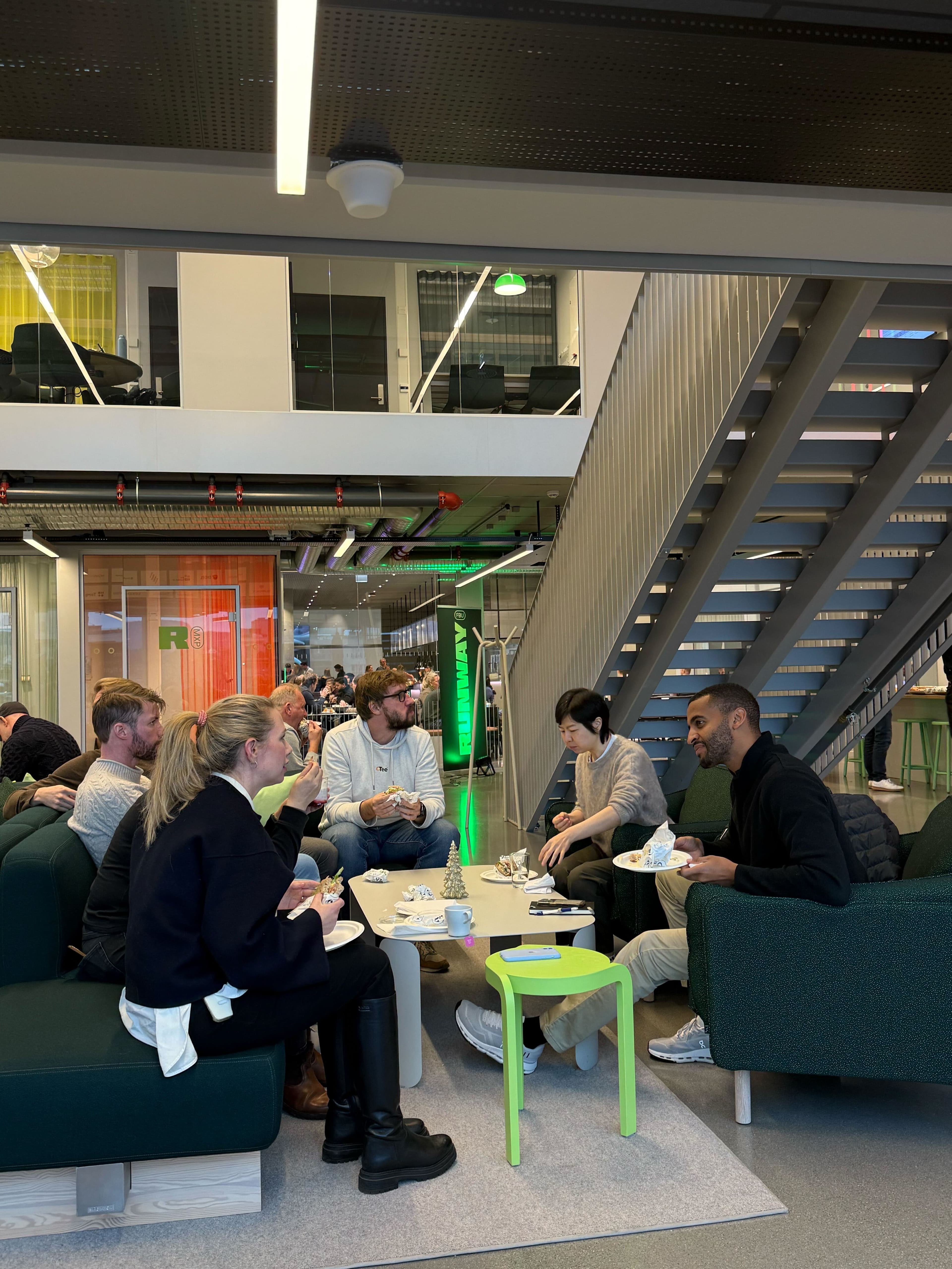 Founders in conversation in the Tech Hub lounge at Aker Tech House
